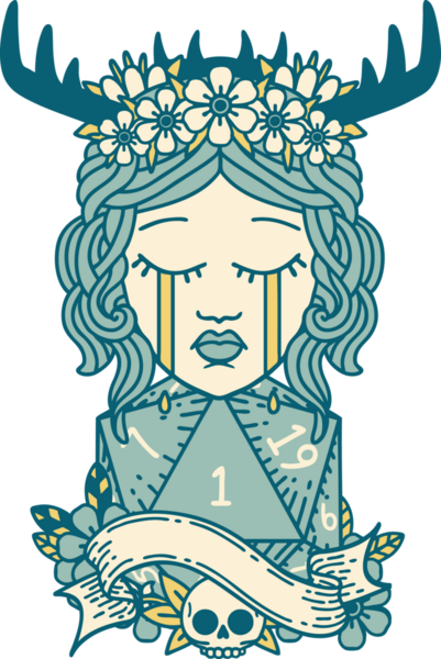 Retro Dövme Tarzı Ağlayan İnsan Druid Bir insan tarafından çizilmiş doğal bir D20 ruloyla