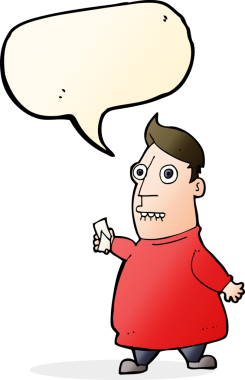 Bir insan tarafından çizilmiş konuşma balonlu biletleri olan sinirli bir karikatür adamı.