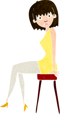 Bir insan tarafından çizilmiş taburede oturan karikatür kadını.