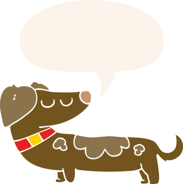 Konuşma baloncuğu olan bir insan tarafından çizilmiş bir çizgi film köpeği.