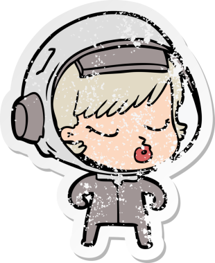 Bir karikatür çıkartması. Bir insan tarafından çizilmiş güzel astronot kız.