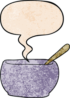 Bir insan tarafından çizilmiş eski moda konuşma baloncuklu çizgi film çorba kasesi.