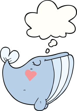 Bir insan tarafından çizilmiş, aşk dolu bir kalbi olan çizgi film balinası.