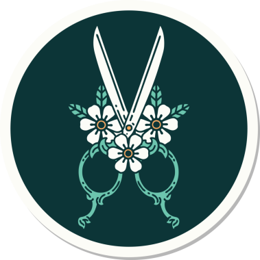 Bir insan tarafından çizilmiş geleneksel makas ve çiçek stili dövme çıkartması.