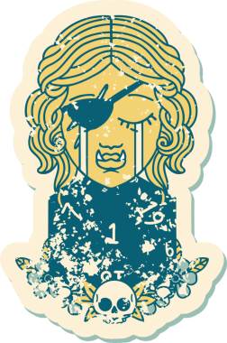 Retro Dövme Tarzı Ağlama Yarı Ork haylaz karakter Doğal bir D20 rulo ile bir insan tarafından çizilmiş