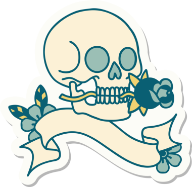 Bir insan tarafından çizilmiş kafatasının pankartıyla dövme stili etiketi