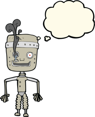Bir insan tarafından çizilmiş düşünce baloncuğu olan arızalı bir robot.