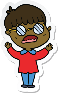 Bir insan tarafından çizilmiş gözlüklü bir çizgi film çocuğunun çıkartması.