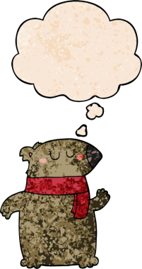 Bir insan tarafından çizilmiş grunge desenli düşünce baloncuklu eşarplı çizgi film ayısı.