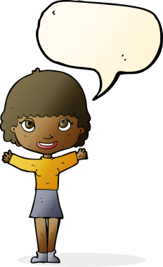 Bir insan tarafından çizilmiş bir konuşma balonuyla el sallayan çizgi film kadını.