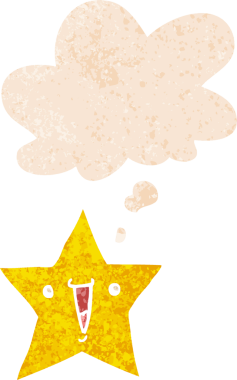 Düşünce baloncuğu olan bir çizgi film yıldızı grunge sıkıntılı retro stili bir insan tarafından çizilmiş