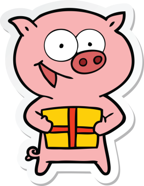 Bir insan tarafından çizilmiş Noel hediyeli neşeli bir domuzun çıkartması.