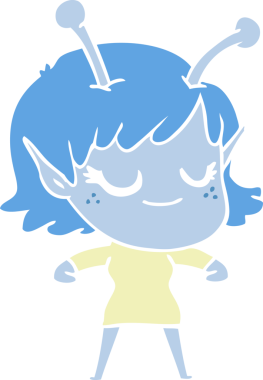 Gülümseyen uzaylı kız düz renkli çizgi film bir insan tarafından çizildi.