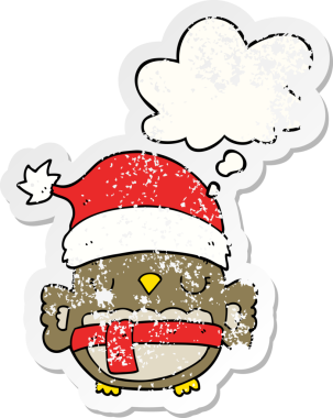 Düşünce baloncuğu olan sevimli noel baykuşu bir insan tarafından çizilmiş yıpranmış bir çıkartma.