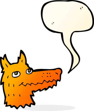 Bir insan tarafından çizilmiş konuşma balonlu tilki kafası.