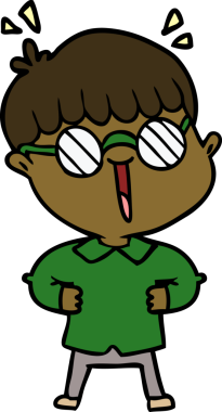 Bir insan tarafından çizilmiş gözlük takan çizgi film çocuğu.