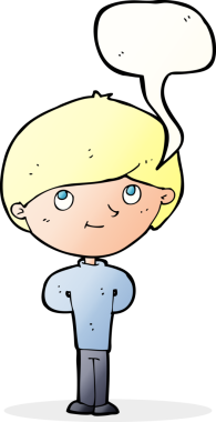 Bir insan tarafından çizilmiş konuşma balonu olan mutlu bir çocuk.