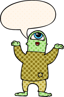 Bir insan tarafından çizilmiş çizgi roman tarzı konuşma balonu olan cadılar bayramı canavarı çizgi filmi.