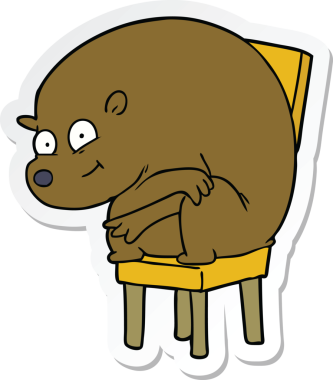 Bir insan tarafından çizilmiş sandalyede oturan bir ayının çıkartması.