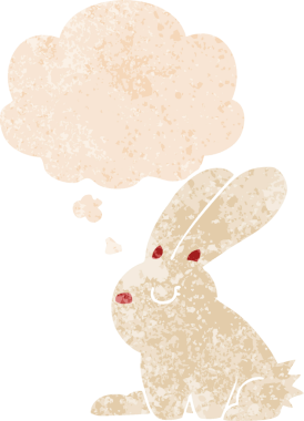 Düşünce baloncuklu çizgi film tavşanı grunge dertli eski moda bir insan tarafından çizilmiş.