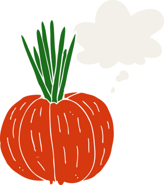 Düşünce baloncuğu olan sebze çizgi filmi bir insan tarafından çizilmiş.