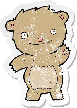 Bir insan tarafından çizilmiş oyuncak ayı sallayan bir çizgi filmin gerilimli retro yapıştırması.