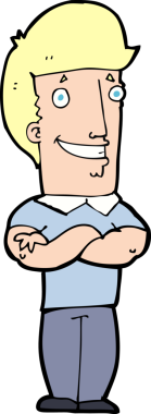 Bir insan tarafından çizilmiş, katlanmış kolları olan çizgi film adamı.