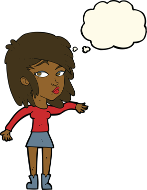 Bir insan tarafından çizilen düşünce baloncuğuyla serinkanlı davranan çizgi film kadını.