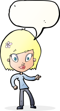 Bir insan tarafından çizilmiş konuşma baloncuğuyla işaret eden güzel bir kadın.