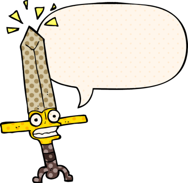 Bir insan tarafından çizilmiş çizgi roman tarzında konuşma baloncuklu sihirli kılıç.