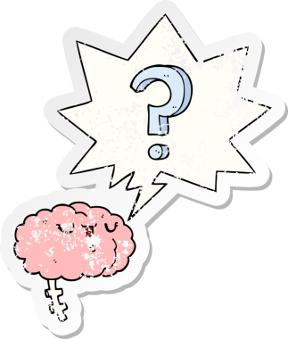 Bir insan tarafından çizilmiş, sıkıntılı, eski bir çıkartma, konuşma baloncuğu ile çizgi film meraklısı beyni.