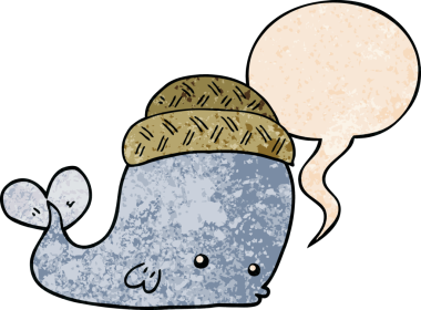 Çizgi film balinası şapkası takıyor ve konuşma baloncuğu eski moda bir insan tarafından çizilmiş.