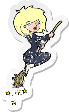 Bir insan tarafından çizilmiş süpürge sopasıyla gezen çizgi film cadısının gerilimli yapıştırması.