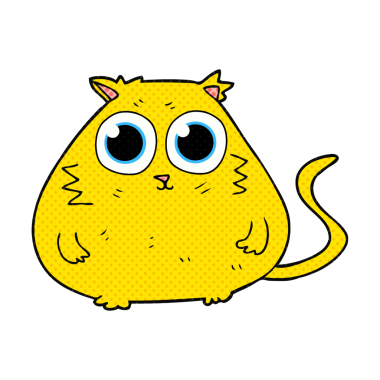 Bir insan tarafından çizilmiş büyük, güzel gözleri olan bir çizgi film kedisi.