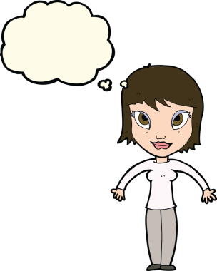 Bir insan tarafından çizilmiş düşünce baloncuğuyla omuz silken çizgi film kadını.