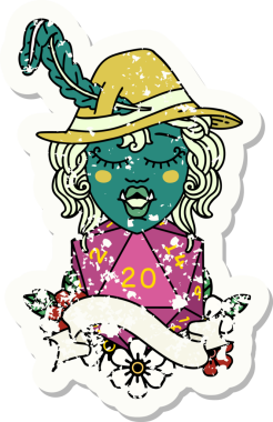 Retro Dövme Tarzı Bir insan tarafından çizilmiş 20 zarlı yarı ork ozan karakteri