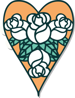 Geleneksel kalp stili dövme çıkartması ve bir insan tarafından çizilmiş çiçekler.