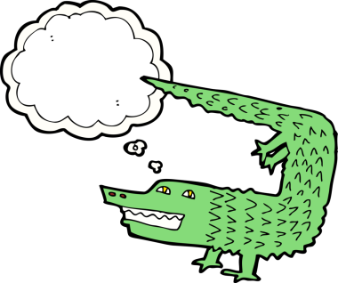 Bir insan tarafından çizilmiş düşünce baloncuklu timsah çizgi filmi.