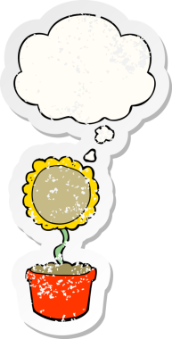 Düşünce baloncuğu olan sevimli bir karikatür çiçeği insan tarafından çizilmiş yıpranmış bir çıkartma gibi.