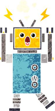 Bir insan tarafından çizilmiş arızalı bir robotun retro çizim tarzı karikatürü