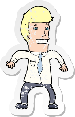 Bir insan tarafından çizilmiş sinirli bir karikatür işadamının gerilmiş retro çıkartması.