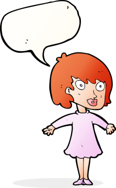 Bir insan tarafından çizilmiş konuşma balonlu elbise giyen bir karikatür kadın.