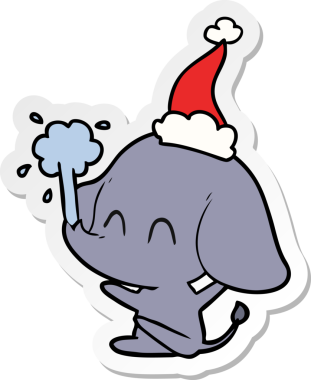 Bir insan tarafından çizilmiş Noel Baba şapkasıyla su püskürten bir fil çizimi.