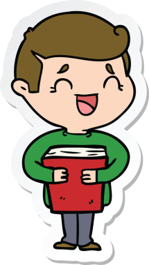 Bir insan tarafından çizilmiş kitabı tutan gülen adamın çıkartması.