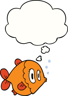 Bir insan tarafından çizilmiş düşünce baloncuklu çizgi film balığı.