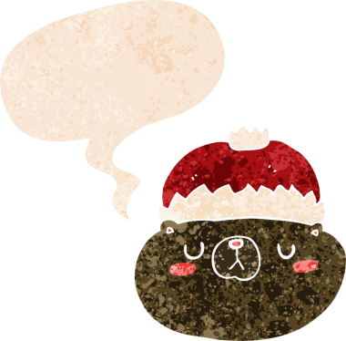 Bir insan tarafından çizilmiş grunge sıkıntılı retro stili konuşma baloncuğu ile karikatür Noel ayısı