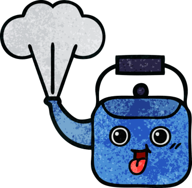 Bir insan tarafından çizilen dumanı tüten bir çaydanlığın retro grunge desenli karikatürü