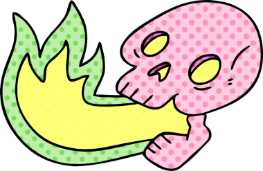 Ateş püskürten çizgi roman tarzı bir insan tarafından çizilmiş tuhaf bir kafatası.