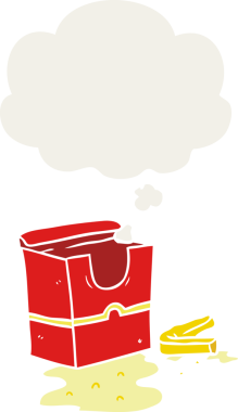 Düşünce baloncuğu olan çizgi film kızartmaları insan tarafından çizilmiş.