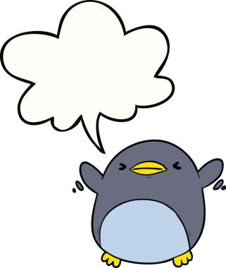 Bir insan tarafından çizilmiş konuşma baloncuğuyla kanat çırpan sevimli penguen.